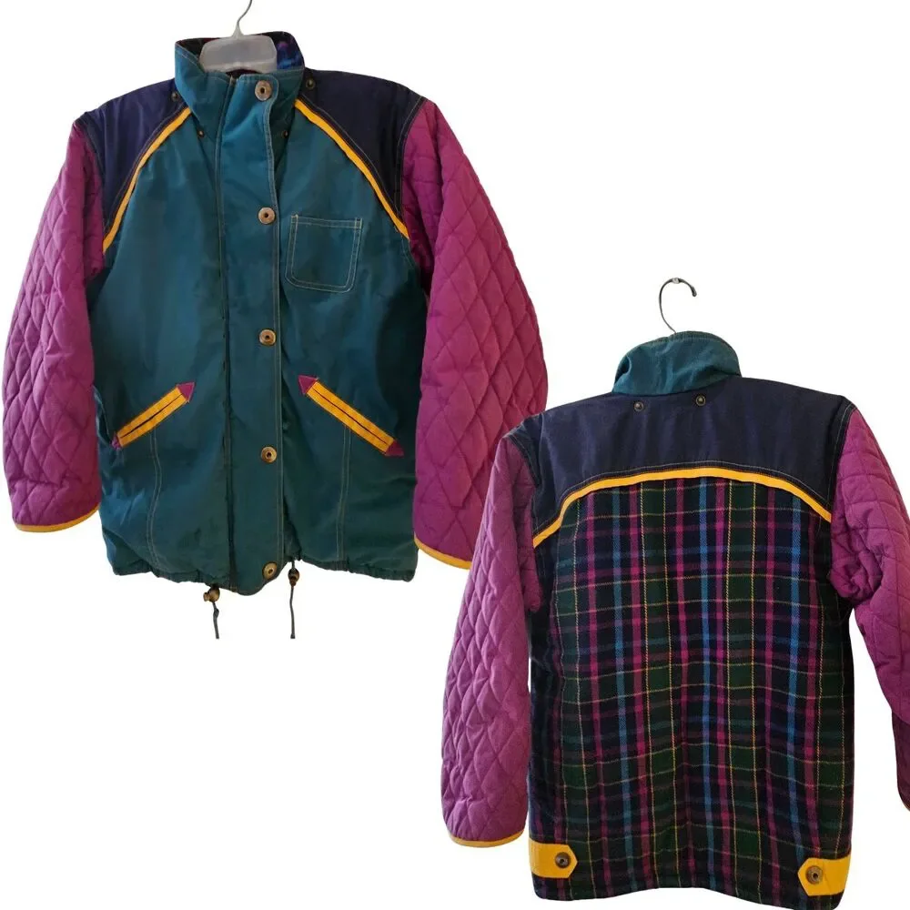 Andy Johns Kids Coat Girls M 10-12 Teal Front Plaid Back Purple Quilted Sleeves